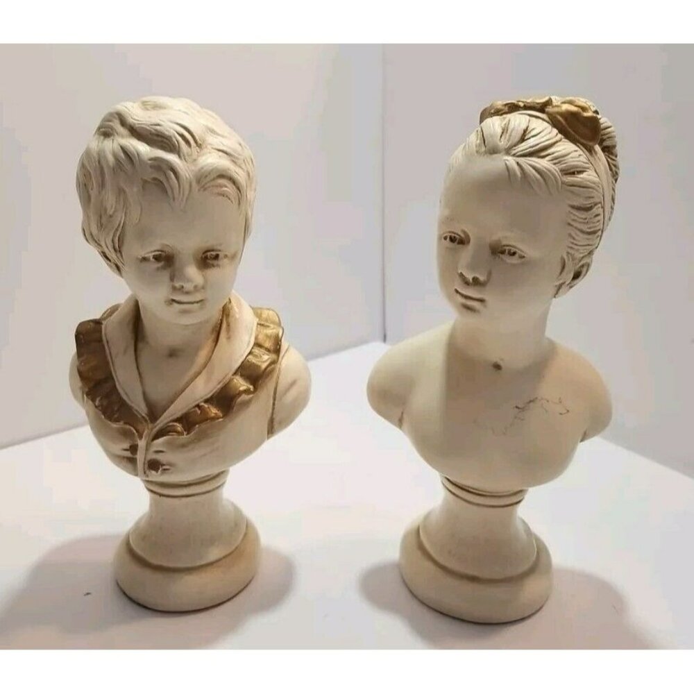 Alexander Backer Chalkware Children Victorian Art Boy Girl Bust Figures 10" Pair